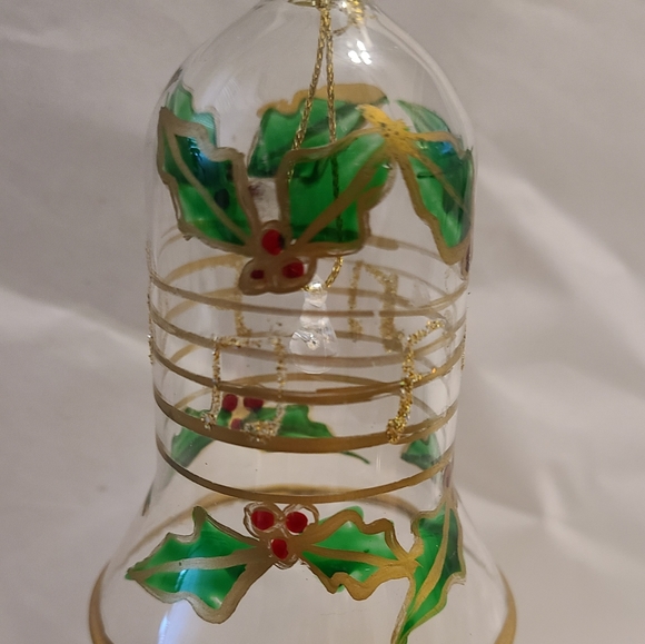 Vtg Clear Glass bell Hand Painted w/Gold Detail Glitter Holly Berries Music Symb - Picture 2 of 5